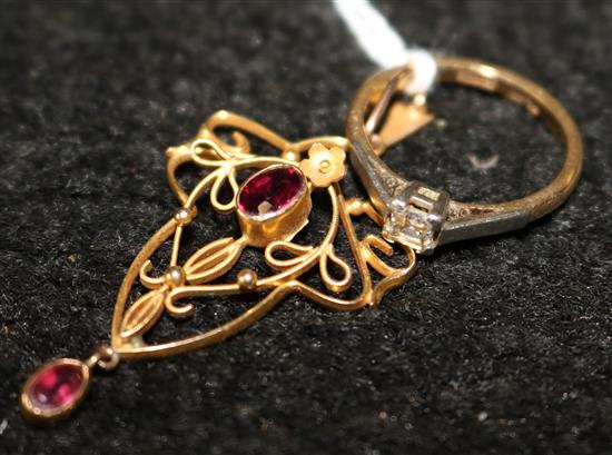 18ct gold and diamond solitaire ring & an Edwardian 9ct gold and amethyst pendant